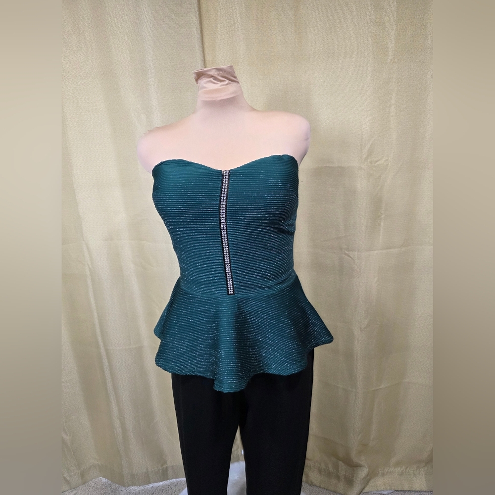 Janette Plus Teal Ribbed Top W/rhinestones. Corset Style. Tube Top. Peplum Top